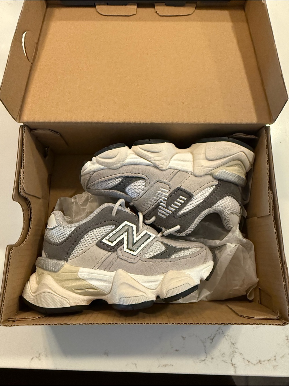New Balance Kids Gray and White 9060 Sneakers